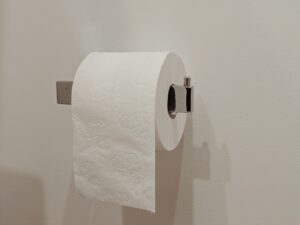 Toilet paper roll on a modern holder in a minimalist bathroom setting.